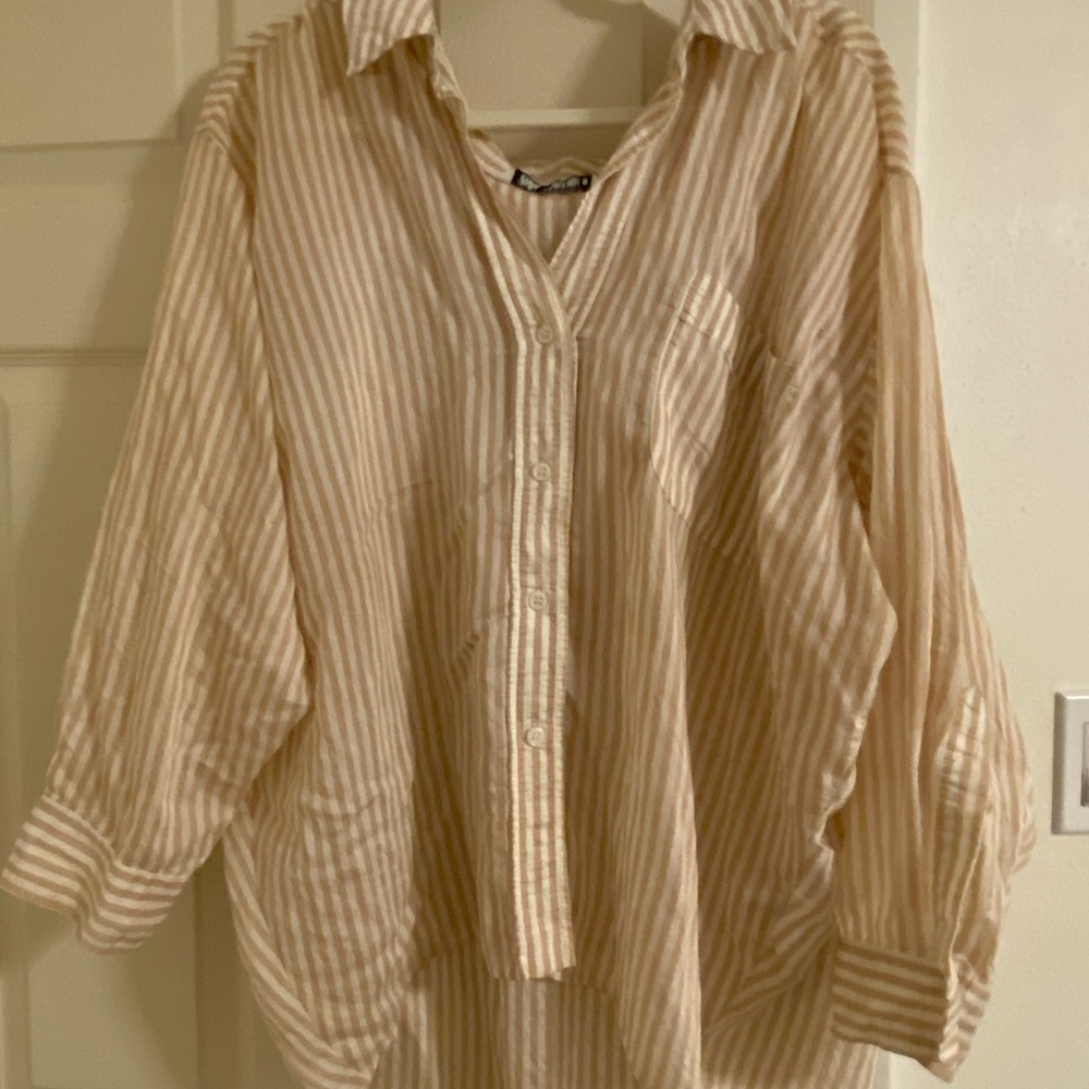 Zara oversized Beige Striped Button Down Shirt